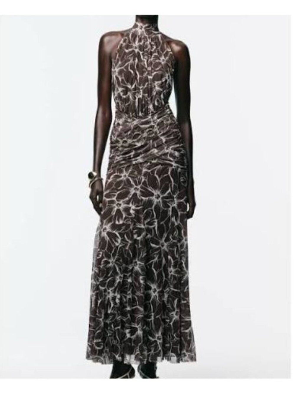 Zara Womens Maxi Dress S Brown Floral Tulle Halter Neck Cocktail 3038/818 NWOT